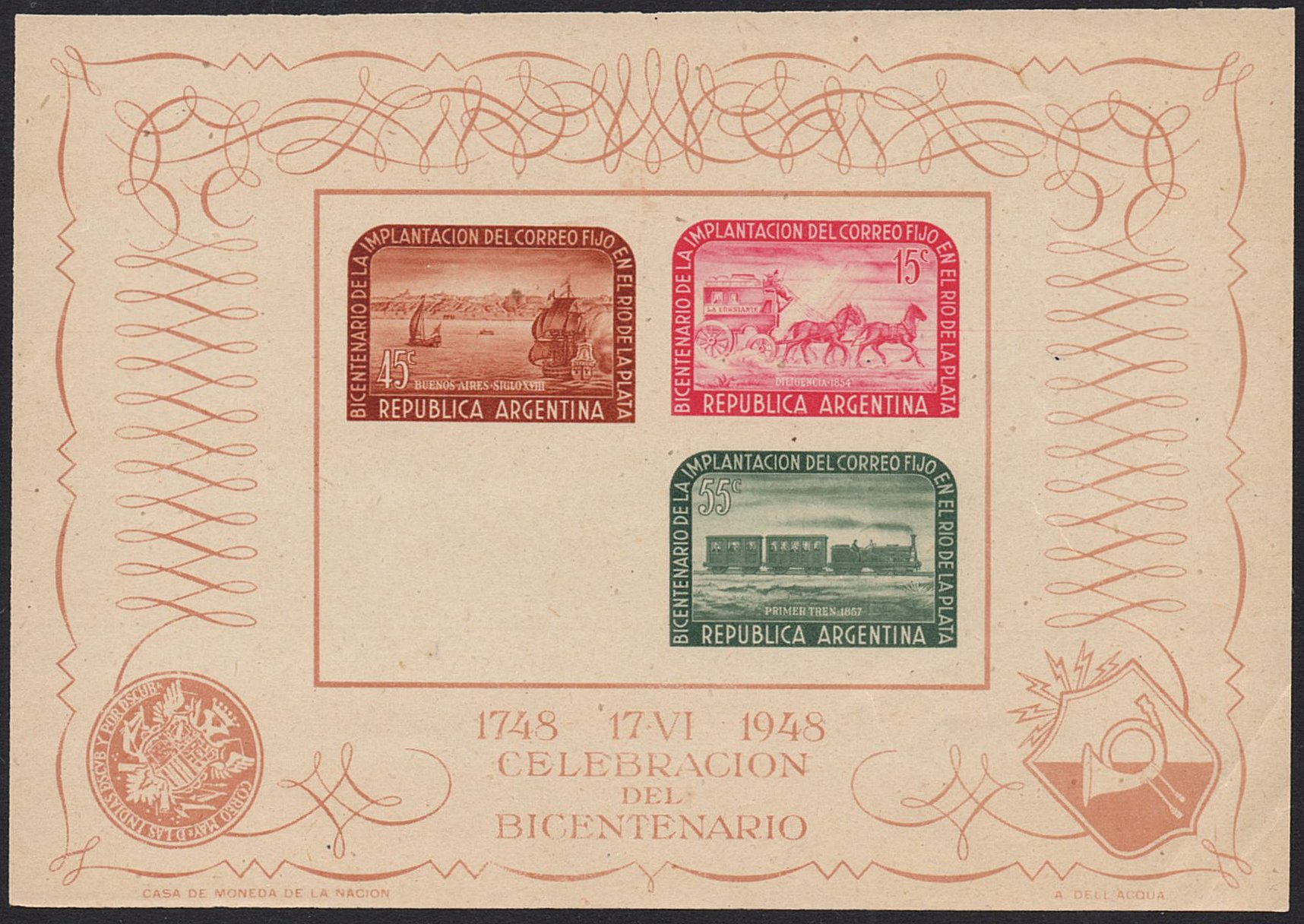 Argentina sellos 1948 Bicentenary of Rio de la Plata Postal Service issued souvenir sheet missing 85c Ship (frigate / fragata)